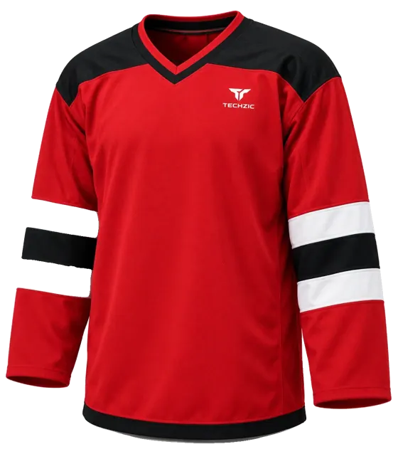 TECHZIC Pro Cut-and-Sew Hockey Jersey - Black / Red / White in Red / Black / White · Design 1