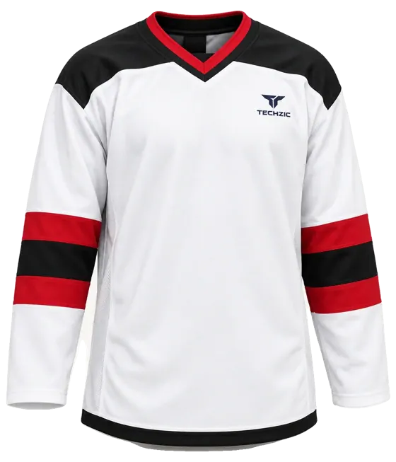 TECHZIC Pro Cut-and-Sew Hockey Jersey - Black / Red / White in White / Black / Red