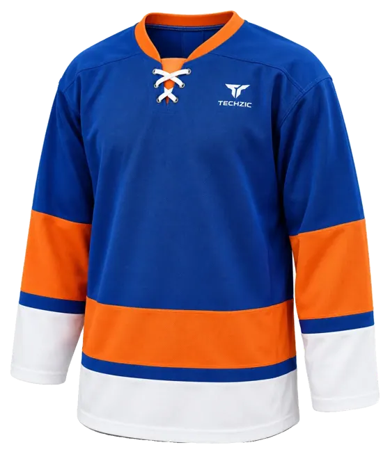 TECHZIC Pro Cut-and-Sew Hockey Jersey - Black / Red / White in Royal / Orange / White · Design 2