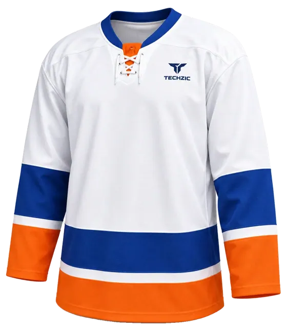 TECHZIC Pro Cut-and-Sew Hockey Jersey - Black / Red / White in White / Royal / Orange · Design 2