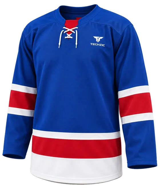 TECHZIC Pro Cut-and-Sew Hockey Jersey - Black / Red / White in Royal / Red / White