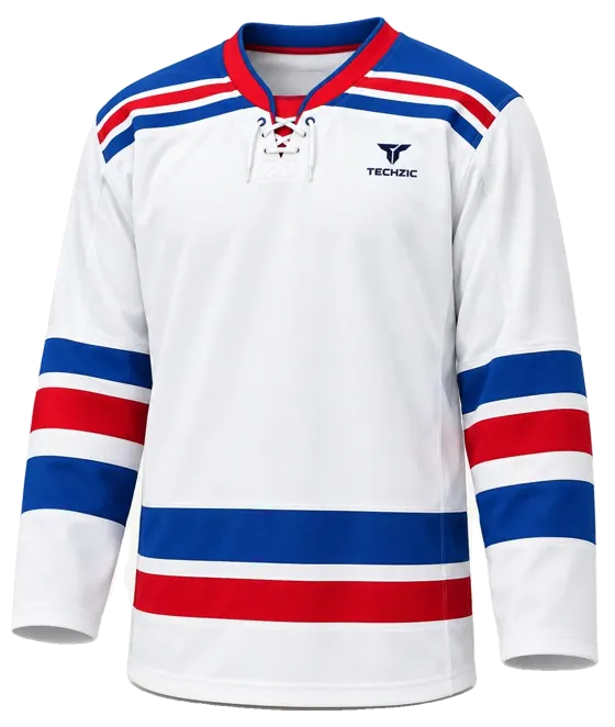 TECHZIC Pro Cut-and-Sew Hockey Jersey - Black / Red / White in White / Royal / Red