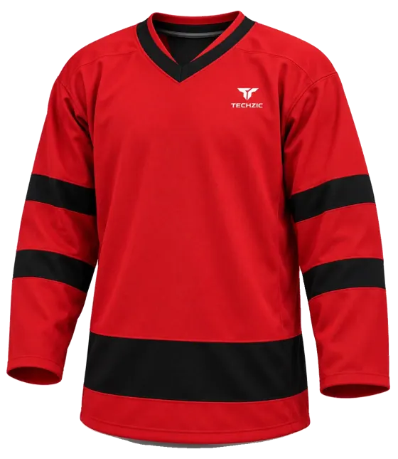 TECHZIC Pro Cut-and-Sew Hockey Jersey - Black / Red / White in Red / Black