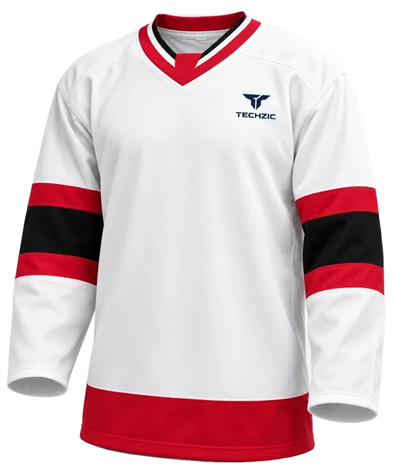 TECHZIC Pro Cut-and-Sew Hockey Jersey - Black / Red / White in White / Red / Black · Design 1