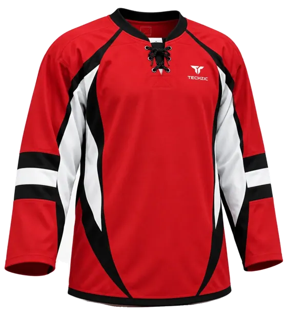TECHZIC Pro Cut-and-Sew Hockey Jersey - Black / Red / White in Red / Black / White · Design 2