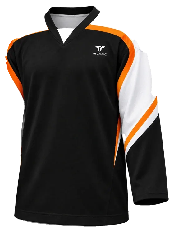 TECHZIC Pro Cut-and-Sew Hockey Jersey - Black / Red / White in Black / White / Orange