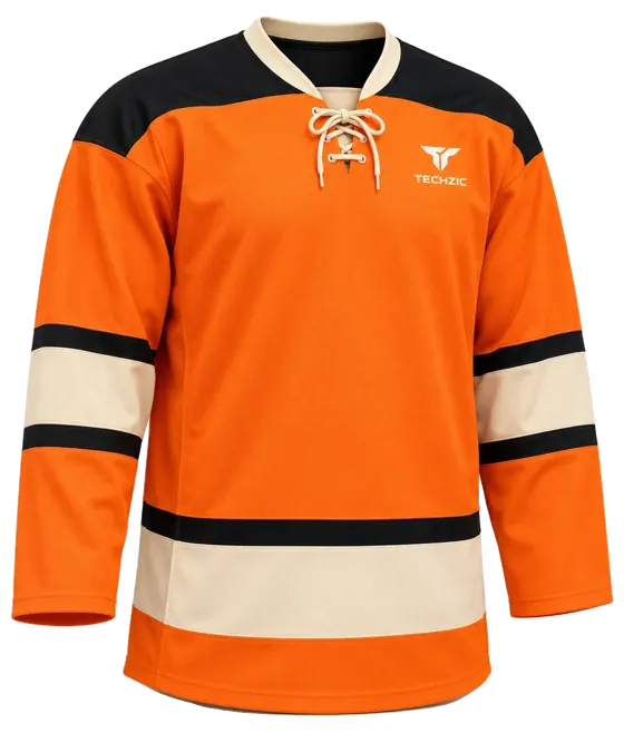 TECHZIC Pro Cut-and-Sew Hockey Jersey - Black / Red / White in Orange / Black / Cream