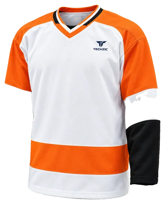 TECHZIC Pro Cut-and-Sew Hockey Jersey - Black / Red / White in White / Orange / Black