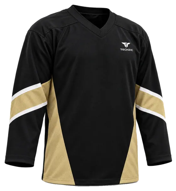 TECHZIC Pro Cut-and-Sew Hockey Jersey - Black / Red / White in Black / Muted Gold / White