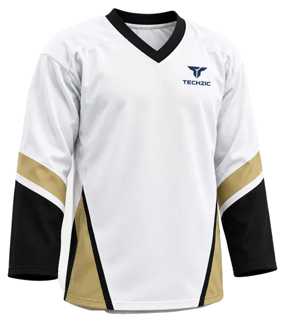 TECHZIC Pro Cut-and-Sew Hockey Jersey - Black / Red / White in White / Black / Muted Gold