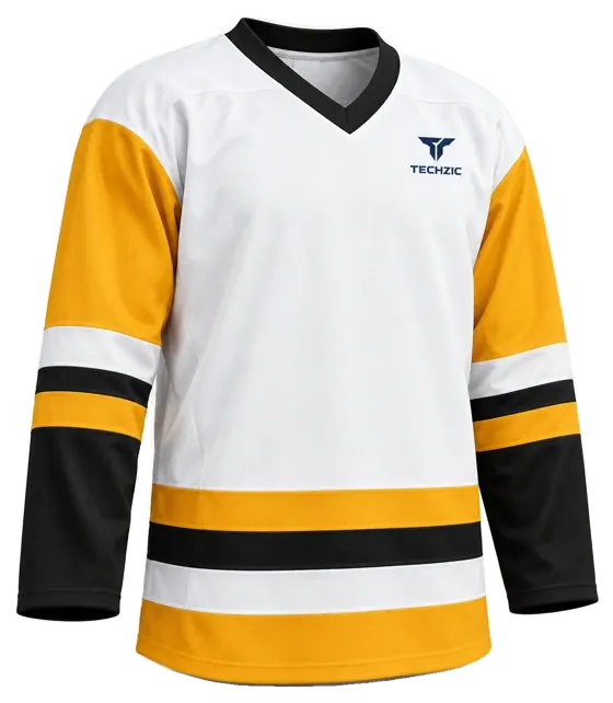 TECHZIC Pro Cut-and-Sew Hockey Jersey - Black / Red / White in White / Gold / Black