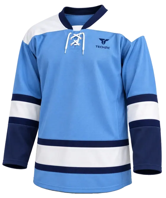 TECHZIC Pro Cut-and-Sew Hockey Jersey - Black / Red / White in Ice Blue / Navy / White · Design 2