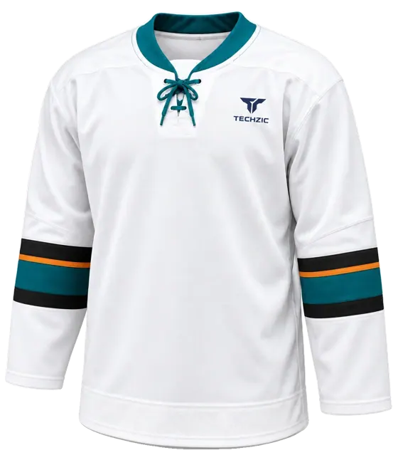 TECHZIC Pro Cut-and-Sew Hockey Jersey - Black / Red / White in White / Pacific Teal / Black · Design 1
