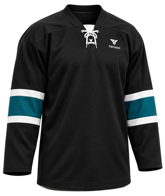 TECHZIC Pro Cut-and-Sew Hockey Jersey - Black / Red / White in Black / Pacific Teal / White