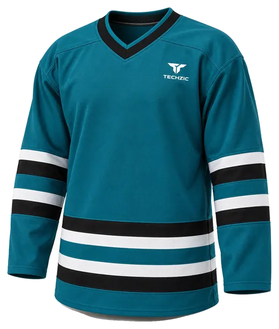 TECHZIC Pro Cut-and-Sew Hockey Jersey - Black / Red / White in Pacific Teal / Black / White · Design 2