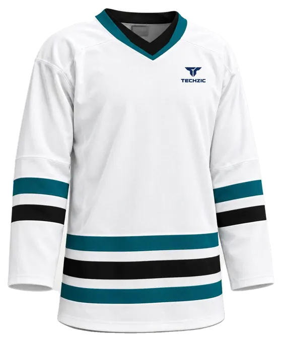 TECHZIC Pro Cut-and-Sew Hockey Jersey - Black / Red / White in White / Pacific Teal / Black · Design 2