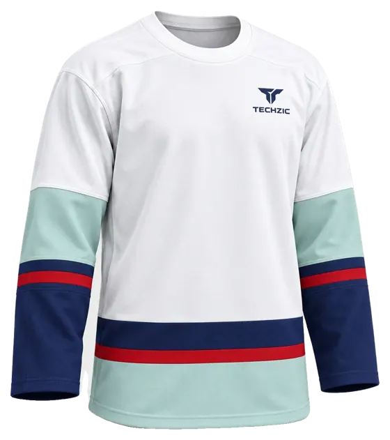 TECHZIC Pro Cut-and-Sew Hockey Jersey - Black / Red / White in White / Seafoam / Navy