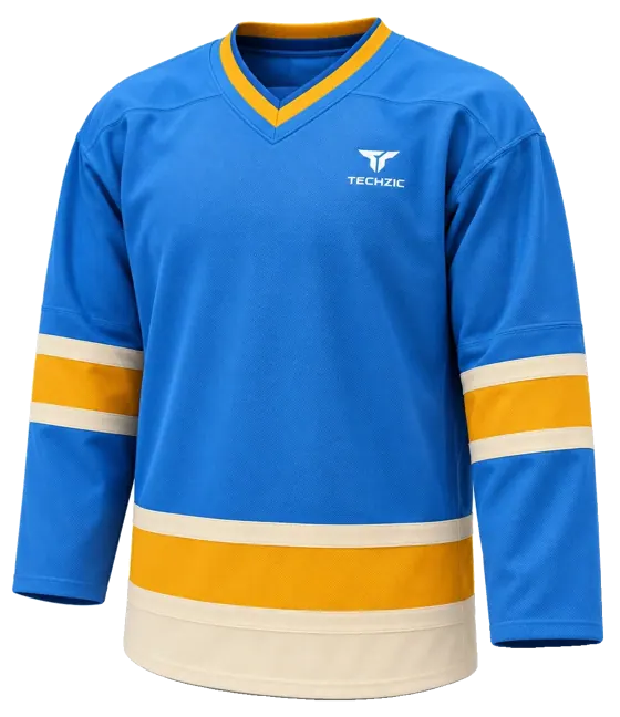 TECHZIC Pro Cut-and-Sew Hockey Jersey - Black / Red / White in Bright Blue / Gold / Cream