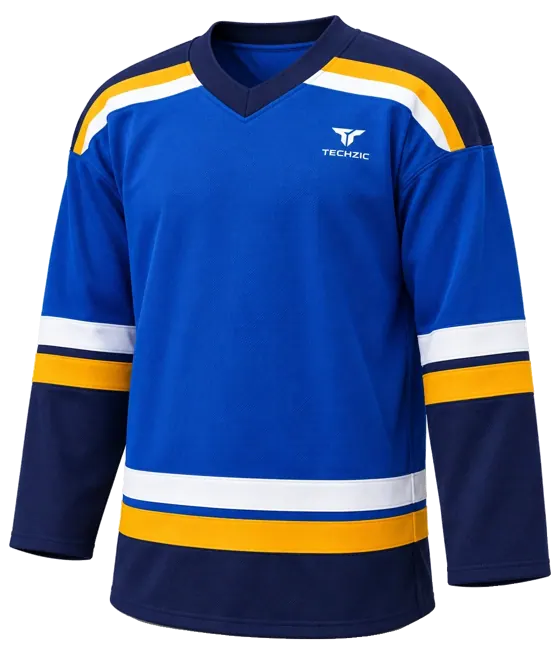 TECHZIC Pro Cut-and-Sew Hockey Jersey - Black / Red / White in Royal / Navy / Gold