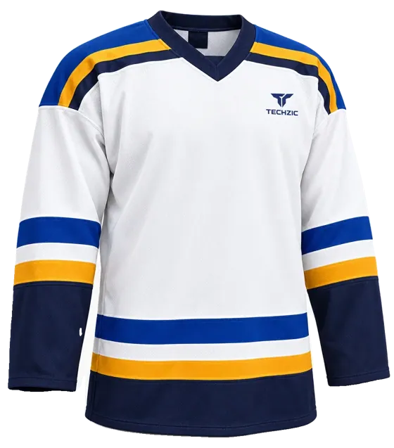 TECHZIC Pro Cut-and-Sew Hockey Jersey - Black / Red / White in White / Royal / Navy / Gold