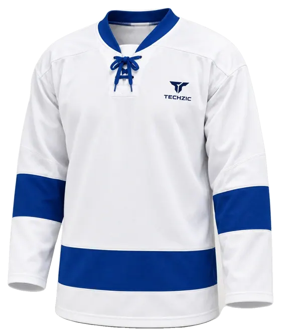 TECHZIC Pro Cut-and-Sew Hockey Jersey - Black / Red / White in White / Royal · Design 1