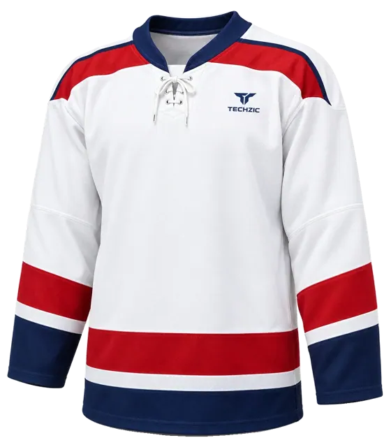 TECHZIC Pro Cut-and-Sew Hockey Jersey - Black / Red / White in White / Navy / Red · Design 1