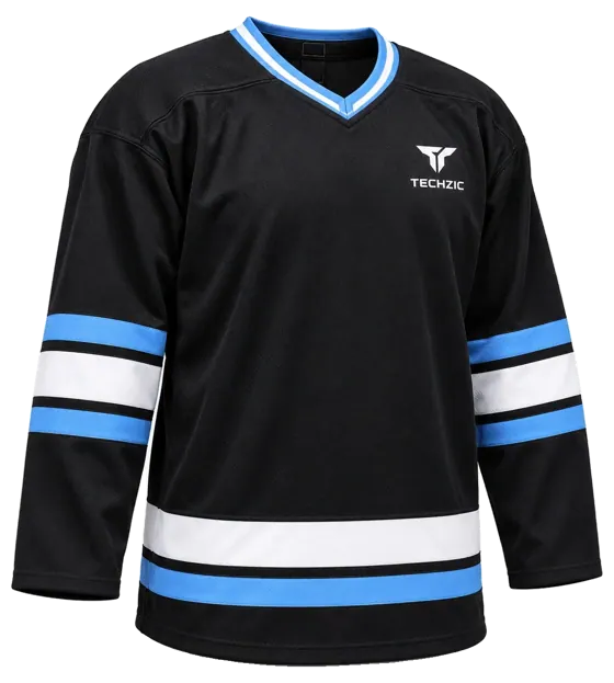 TECHZIC Pro Cut-and-Sew Hockey Jersey - Black / Red / White in Black / Ice Blue / White