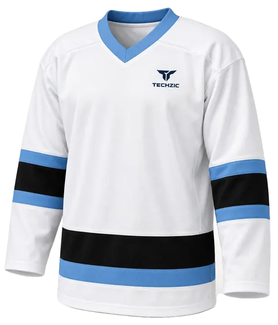 TECHZIC Pro Cut-and-Sew Hockey Jersey - Black / Red / White in White / Black / Ice Blue