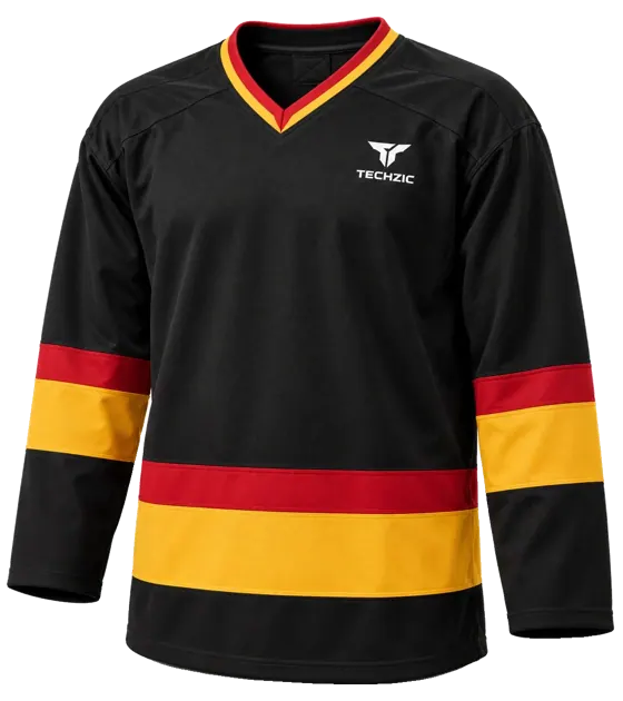 TECHZIC Pro Cut-and-Sew Hockey Jersey - Black / Red / White in Black / Red / Gold