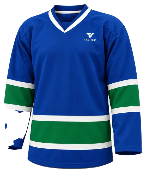 TECHZIC Pro Cut-and-Sew Hockey Jersey - Black / Red / White in Royal / Green / White