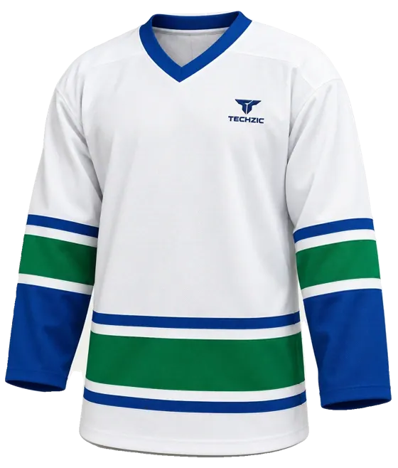 TECHZIC Pro Cut-and-Sew Hockey Jersey - Black / Red / White in White / Royal / Green