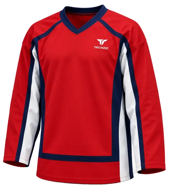 TECHZIC Pro Cut-and-Sew Hockey Jersey - Black / Red / White in Red / Navy / White