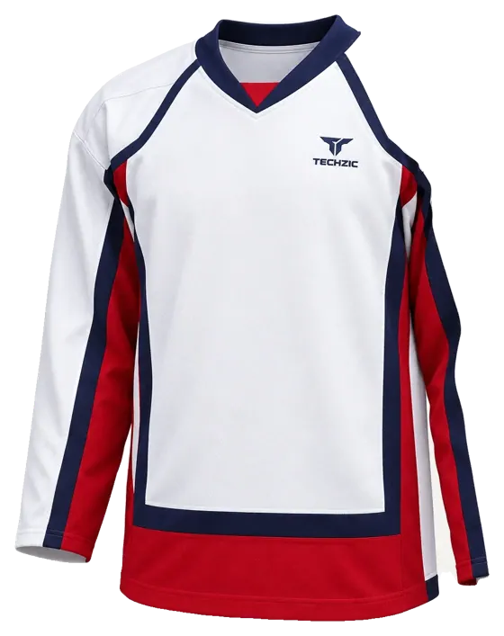 TECHZIC Pro Cut-and-Sew Hockey Jersey - Black / Red / White in White / Navy / Red · Design 2