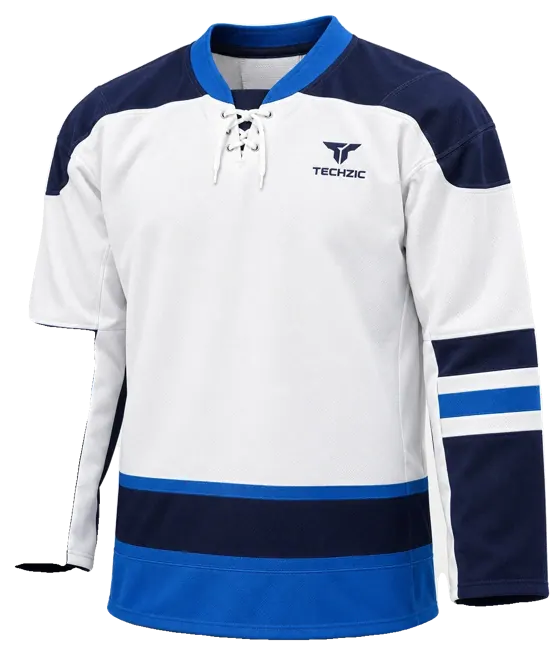 TECHZIC Pro Cut-and-Sew Hockey Jersey - Black / Red / White in White / Navy / Medium Blue