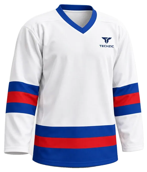 TECHZIC League Striped Hockey Jersey in White / Royal / Red