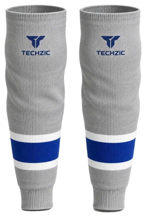 TECHZIC Knit Hockey Socks - K630-000 in Grey / White / Royal Blue