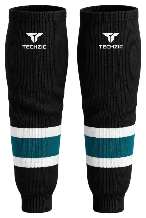 TECHZIC Knit Hockey Socks - K630-000 in Black / White / Teal
