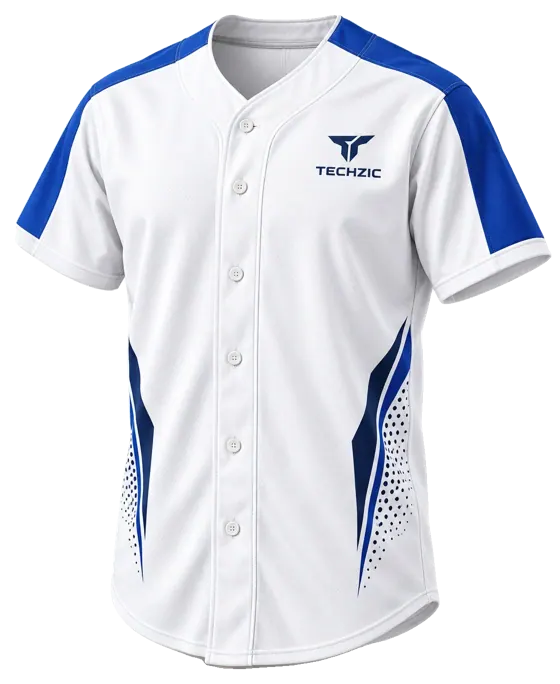 TECHZIC Full Button Baseball Jersey — Red in White / Royal Blue / Navy