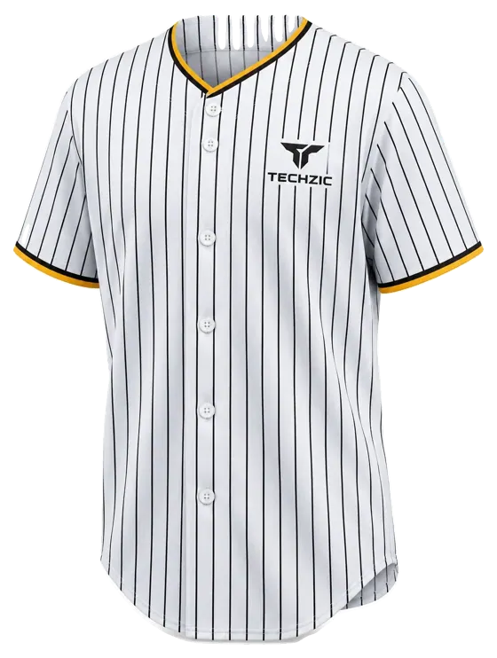 TECHZIC Gold-Trim Pinstripe Baseball Jersey - White / Black / Gold