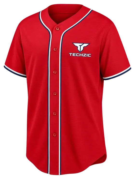 TECHZIC Piped Button-Front Baseball Jersey - Red / White / Navy