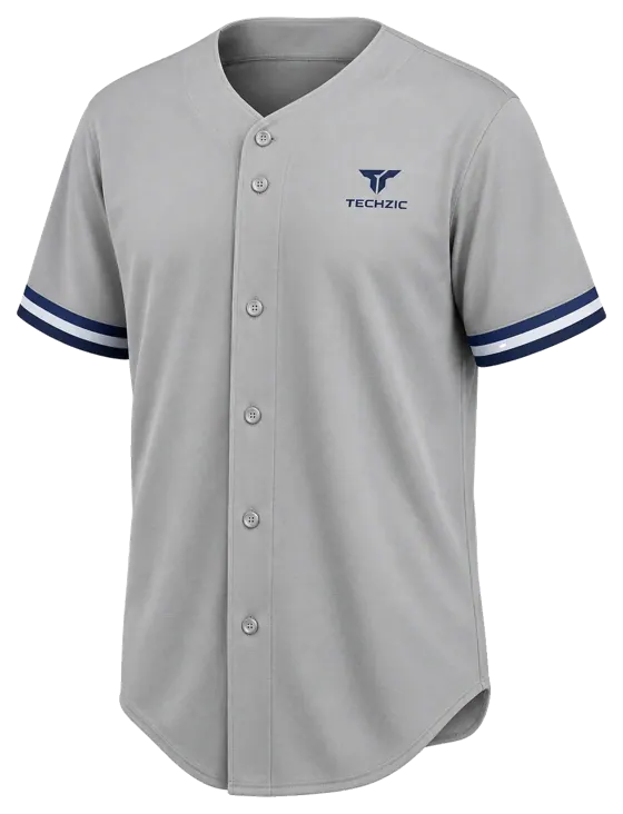 TECHZIC Twin-Stripe Button-Front Baseball Jersey in Grey / Navy