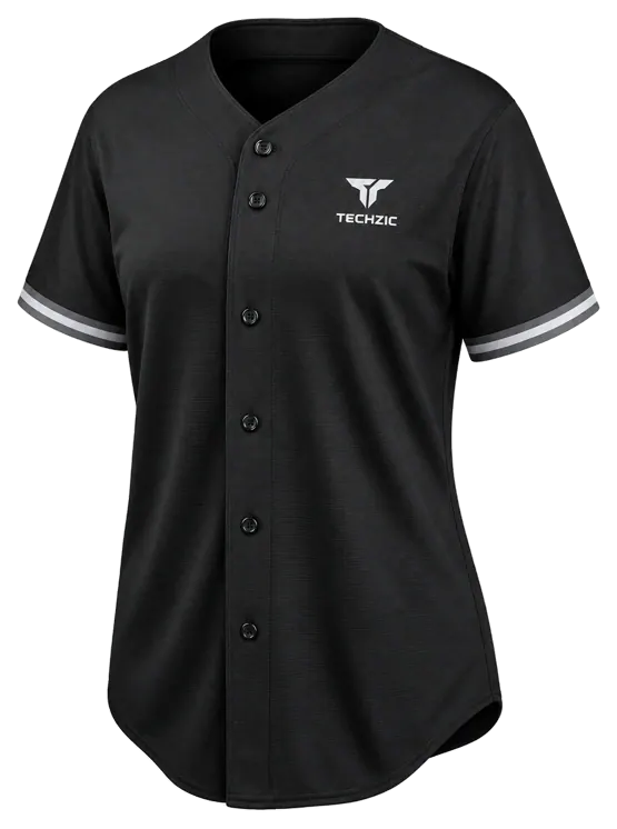 TECHZIC Twin-Stripe Button-Front Baseball Jersey in Black / Grey